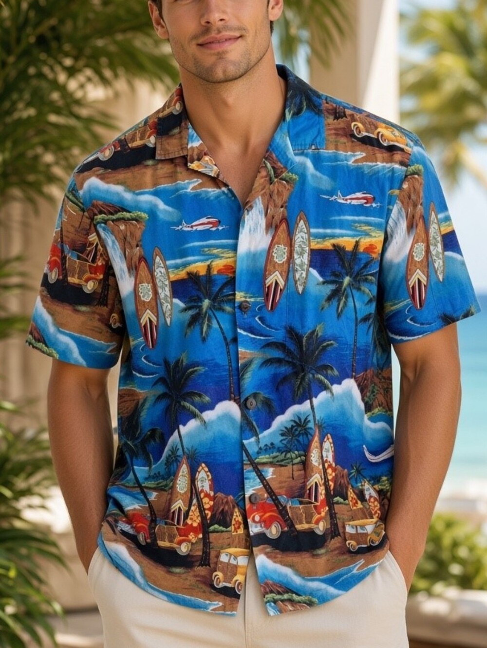Royal Hawaiian Creations Shirt with Colorful Surfing Safari Print